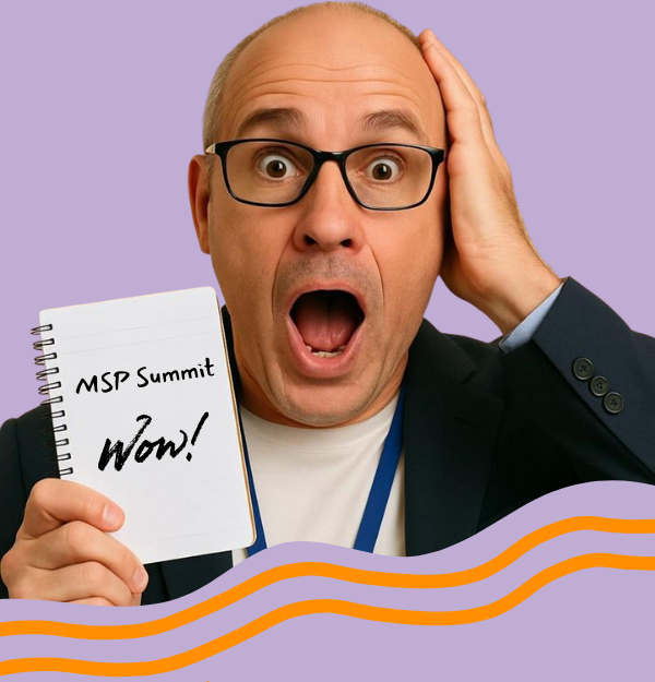 Man with mind-blown expression holding notepad that says