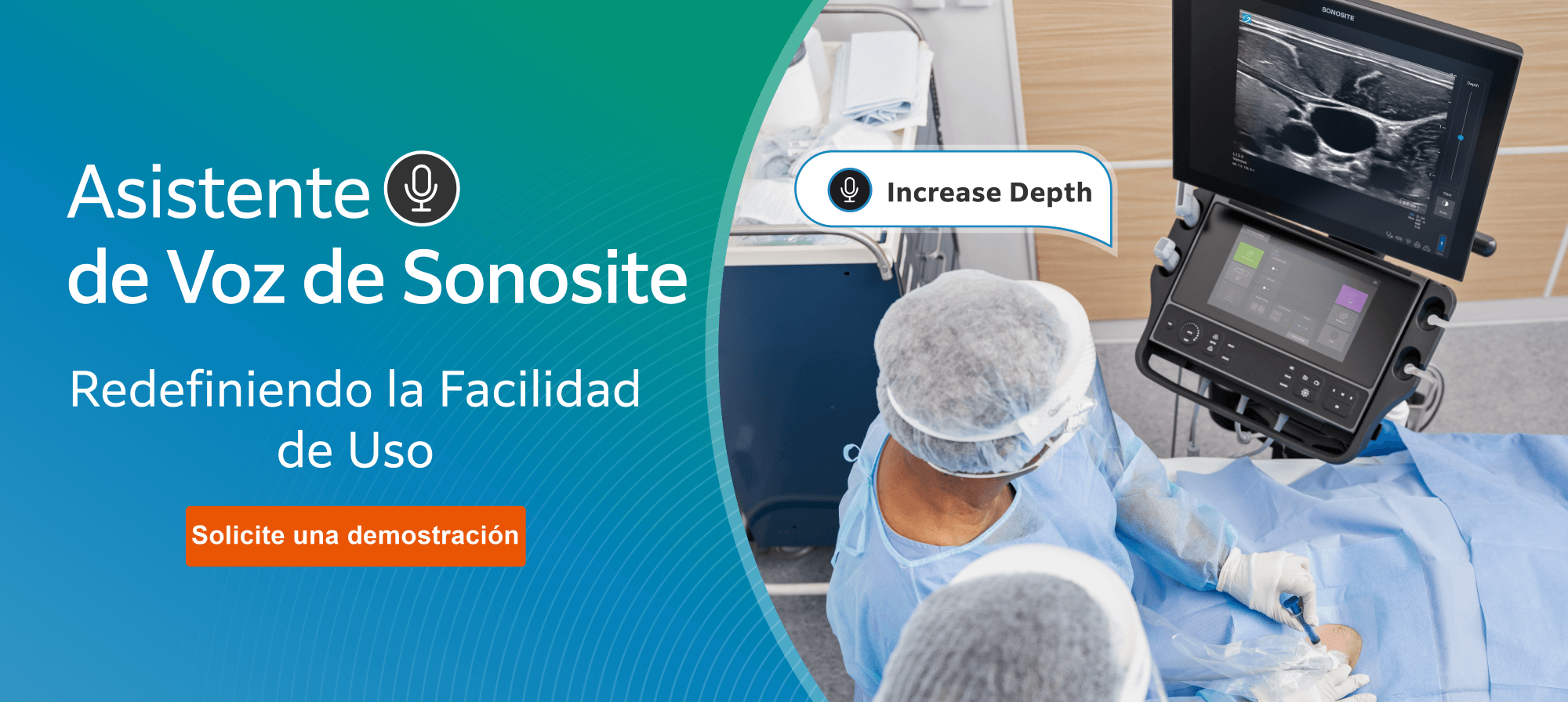 Sonosite Voice Assist with microphone icon next to an image of physician using a voice command to operate a state-of-the-art point-of-care ultrasound system