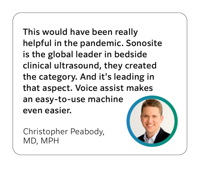 Text box with a positive quote on Voice Assist from Christopher Peabody, MD, MPH and a headshot of him