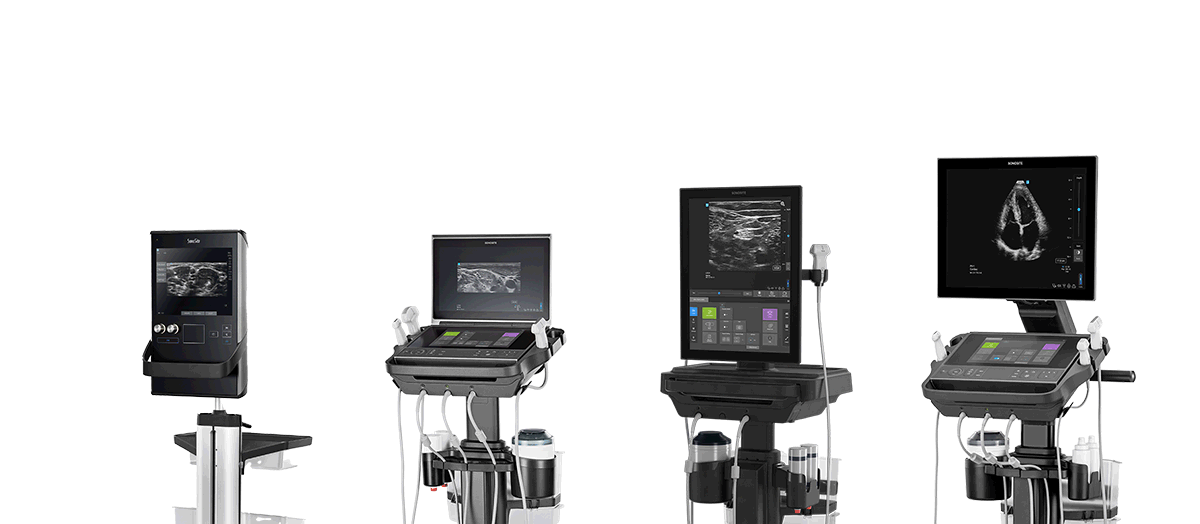 Family of four legacy portable ultrasound systems changing into four new models of ultrasound systems in a moving image on bright blue background.