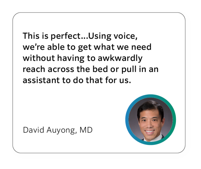 Text box with a positive quote on Voice Assist from David Auyong, MD and a headshot of him