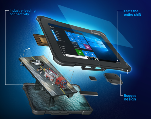 Zebra rugged tablet illustrated with a first responder scene