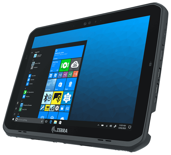 Zebra rugged tablet showing Windows OS running in the background